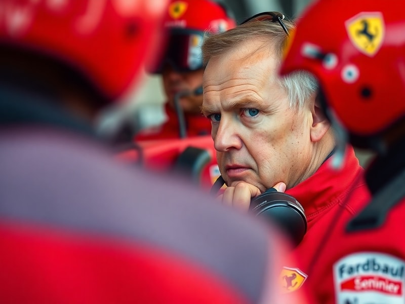 A dynamic shot of Fred Vasseur in the Ferrari pit garage, wearing a team jacket, analyzing data on a tablet during a race wee