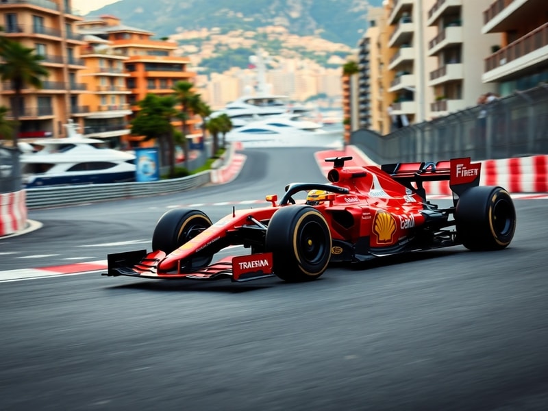 Aerial view of the Monaco Grand Prix with Formula 1 cars navigating the tight streets, surrounded by yachts in the harbor and