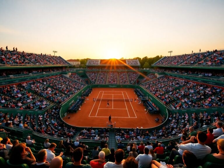A vibrant aerial shot of Roland Garros stadium during the French Open, showing packed stands, clay courts, and the iconic Phi