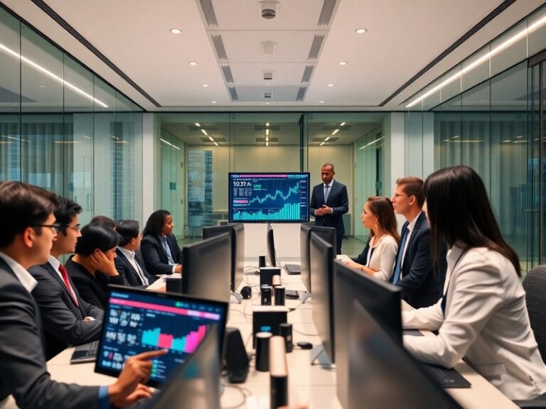 A futuristic cityscape with digital holograms of financial data, banks, and fintech logos floating in the air, symbolizing th
