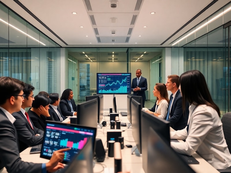 A futuristic cityscape with digital holograms of financial data, banks, and fintech logos floating in the air, symbolizing th