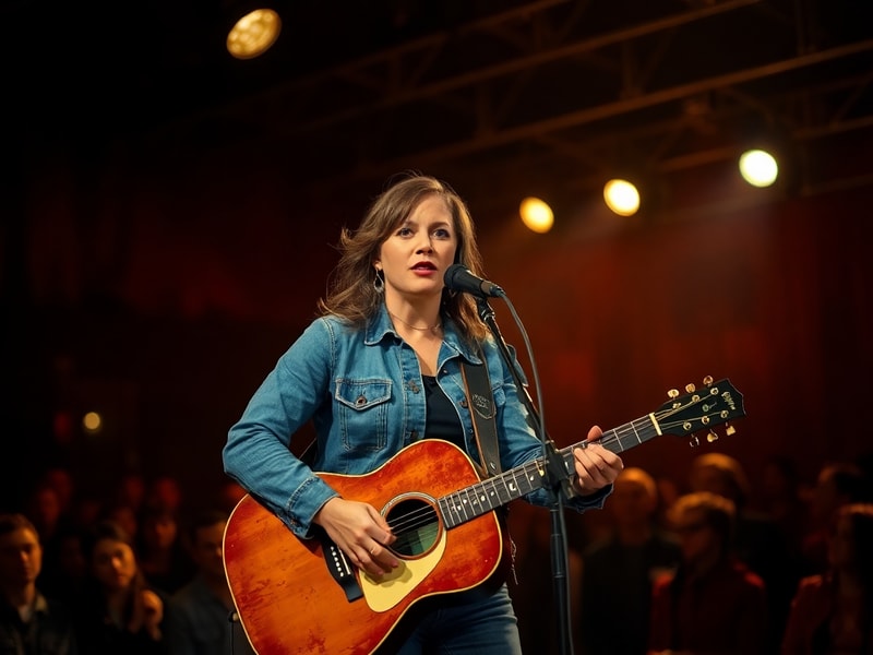A candid live performance shot of Ashley McBryde on stage at a dimly lit venue, holding a microphone, with a guitar slung ove