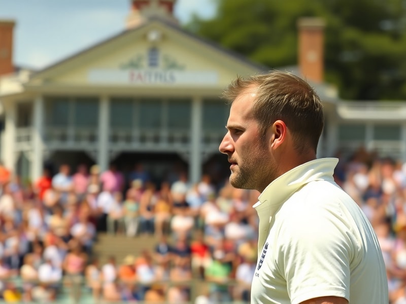 A candid portrait of Andrew Strauss in a suit, standing on a cricket field during a match day, with the England team logo sub
