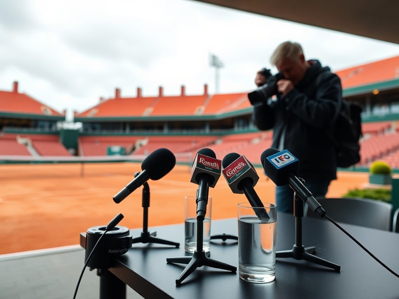 A tense scene at Roland Garros with a player holding their back in pain, surrounded by empty seats and a partially filled sta
