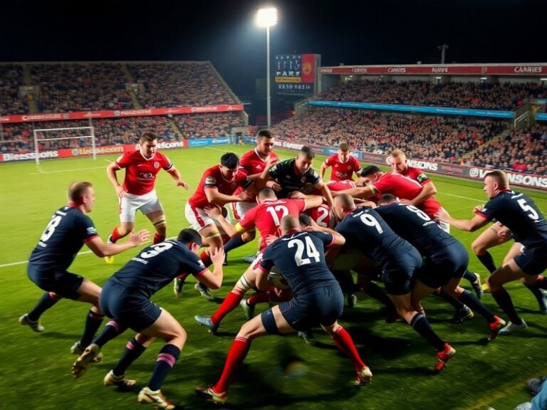 A dynamic action shot of Exeter Chiefs and Saracens players contesting a ruck during a Premiership match at Sandy Park or All