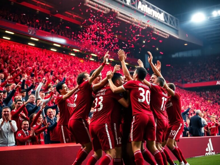 A vibrant matchday scene at Anfield with red-clad fans singing under the iconic ‘You’ll Never Walk Alone’ sign, floodlights i