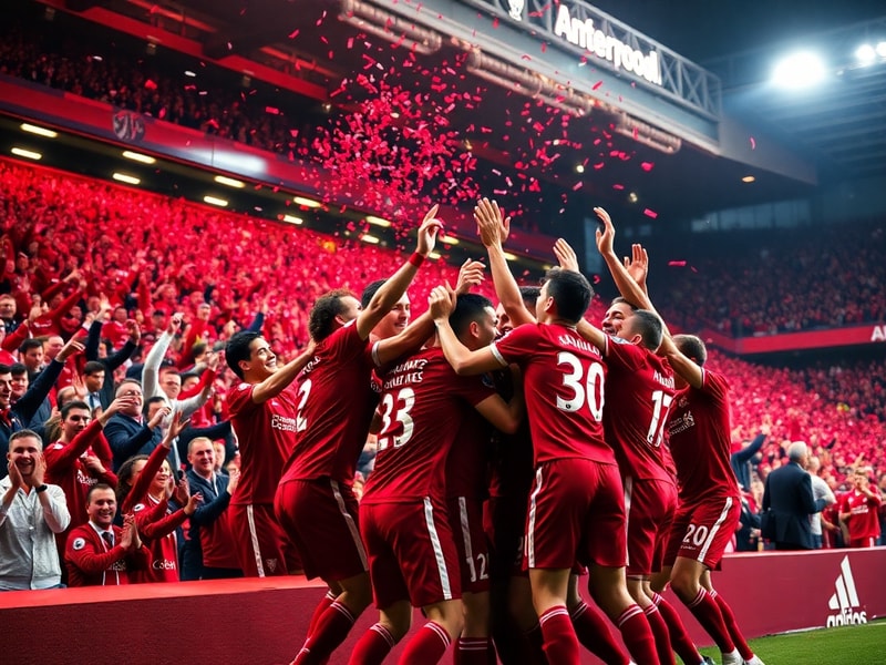A vibrant matchday scene at Anfield with red-clad fans singing under the iconic ‘You’ll Never Walk Alone’ sign, floodlights i