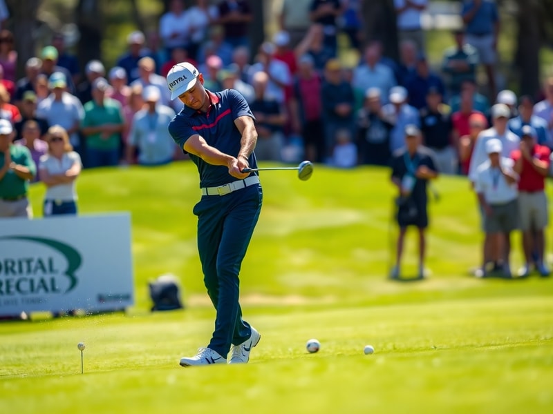 A dynamic action shot of Justin Thomas mid-swing on a sunlit golf course, wearing a blue Titleist cap and polo, with a focuse