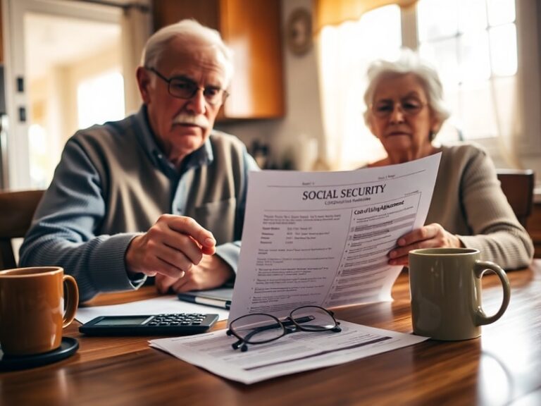A warm-toned image of an older couple reviewing financial documents at a kitchen table, with a calculator, glasses, and a mug