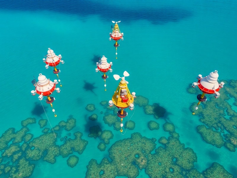 A deep-sea scene showcasing a moored buoy with sensors and underwater equipment, surrounded by marine life and bathed in the