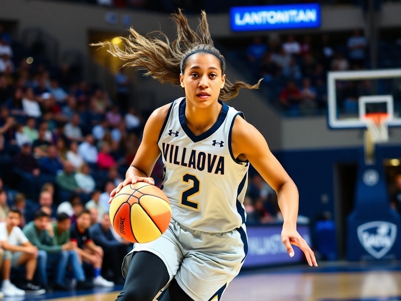 A dynamic action shot of Olivia Miles in a Notre Dame uniform, mid-dribble with intense focus, surrounded by teammates on an