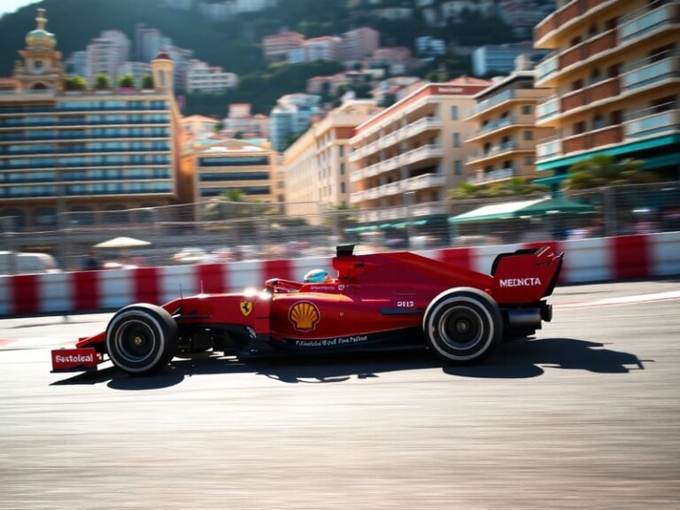 A dynamic action shot of Lewis Hamilton in a Ferrari F1 car during a race, with the Italian flag and Ferrari logo prominently