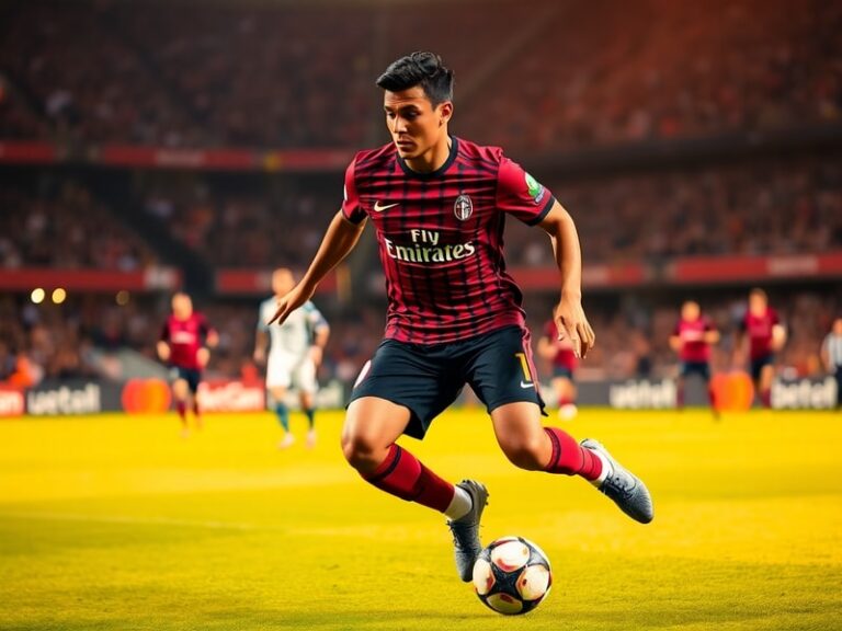 Rafael Leão in action for AC Milan, wearing the iconic red-and-black striped jersey, dribbling past a defender with a focused