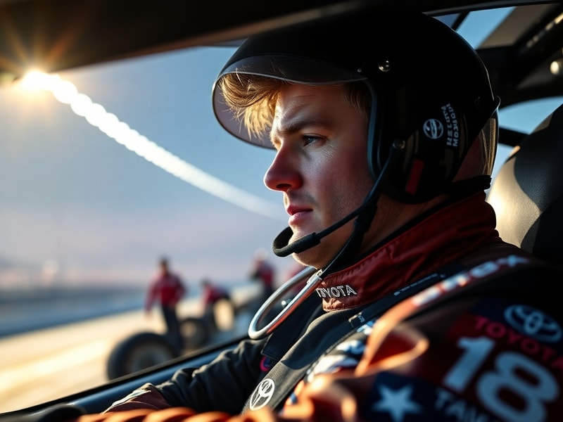 A dynamic action shot of Corey Heim in a NASCAR Truck Series race, wearing his helmet and racing suit, captured mid-turn on a