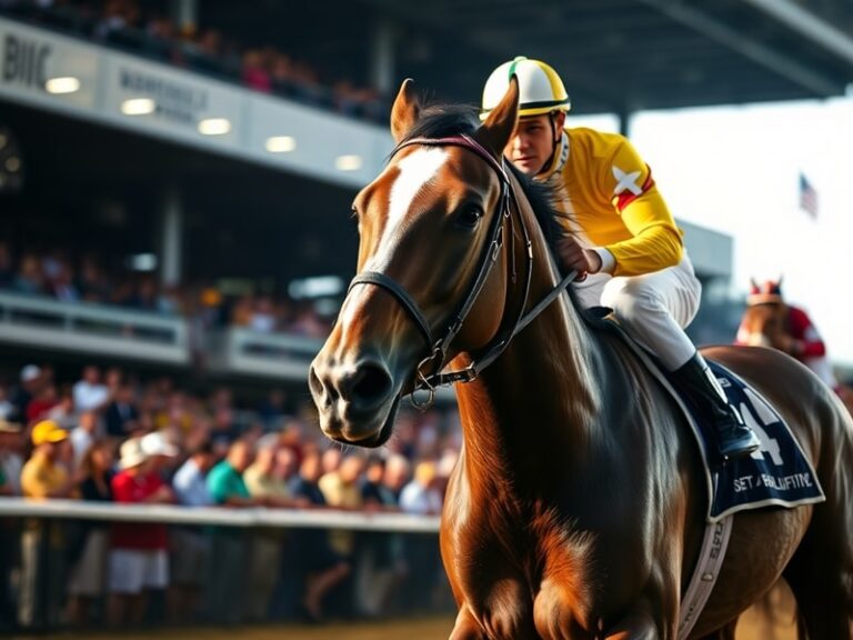 A dynamic action shot of Bob Baffert in the winner's circle at Churchill Downs, holding the Kentucky Derby trophy, surrounded