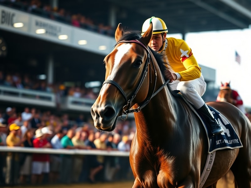 A dynamic action shot of Bob Baffert in the winner's circle at Churchill Downs, holding the Kentucky Derby trophy, surrounded