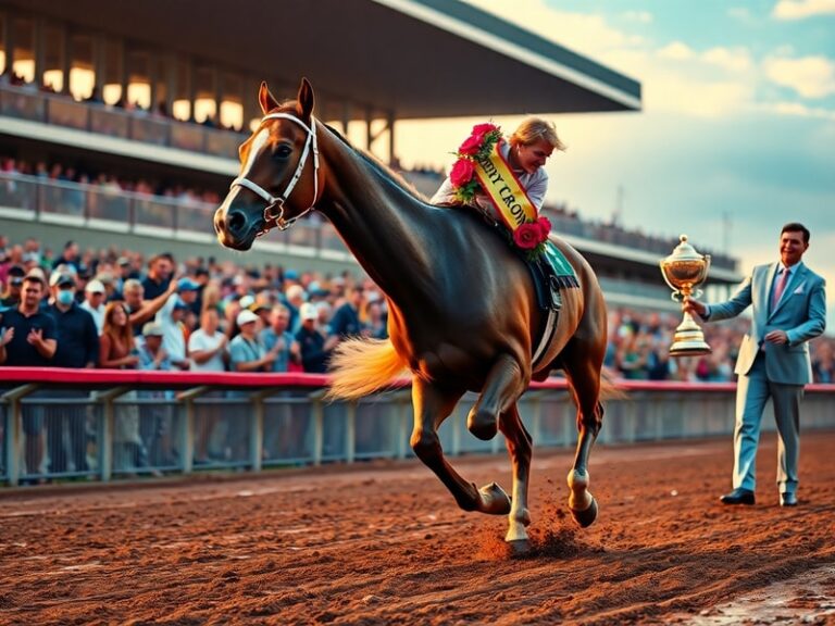 A dynamic split-image collage: on the left, a chestnut horse crossing the Belmont Stakes finish line with jockey standing tal
