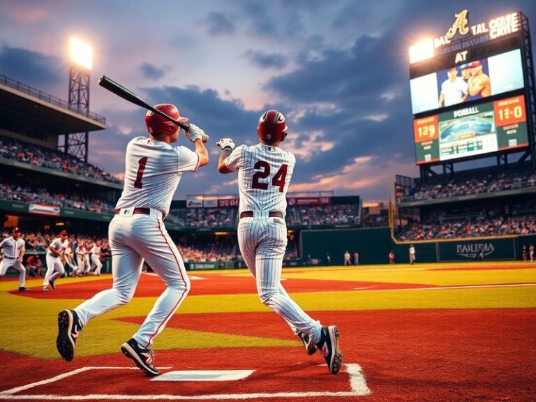 A vibrant scene of a college baseball game in Alabama, featuring the Auburn Tigers and Alabama Crimson Tide in a packed stadi