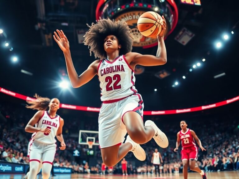 A dynamic action shot of Aliyah Boston mid-game, wearing her South Carolina Gamecocks uniform, leaping for a rebound with int