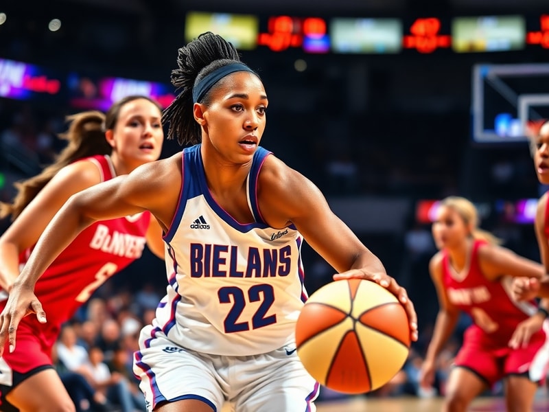Monique Billings in mid-game action, wearing the Dallas Wings jersey, dynamic pose with ball in hand, arena lights in backgro
