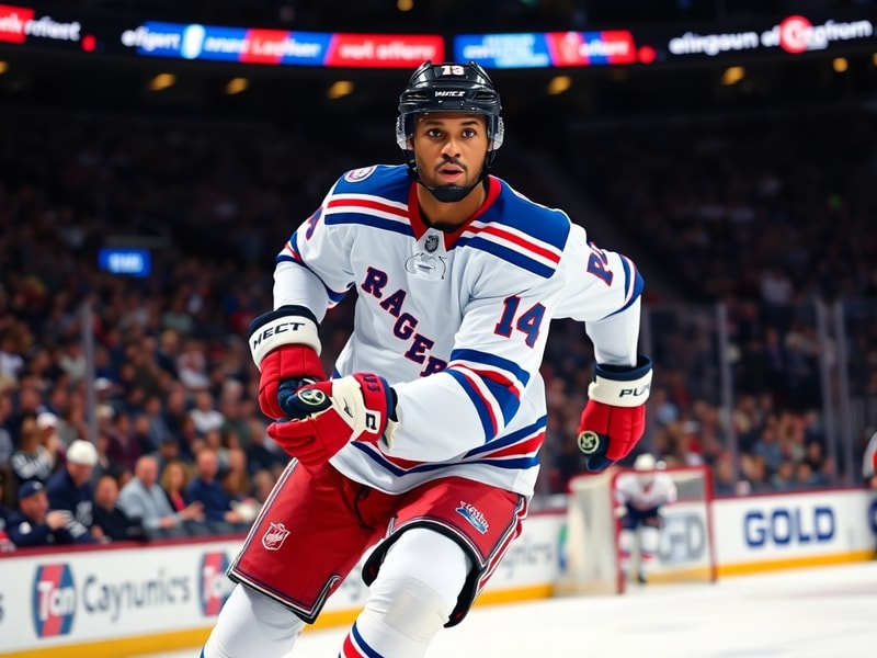 A dynamic action shot of K'Andre Miller in his New York Rangers jersey during a game at Madison Square Garden, highlighting h