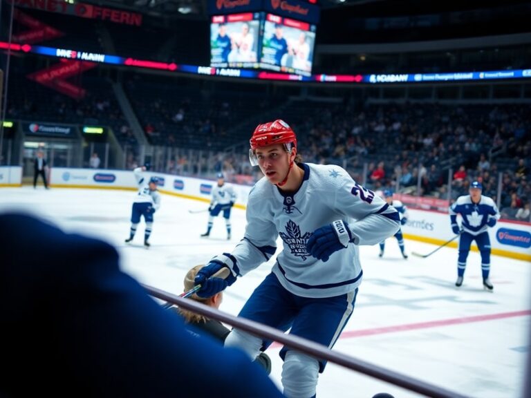 A dynamic action shot of Mitch Marner in a Toronto Maple Leafs jersey, mid-play on ice, with a focused expression and puck co