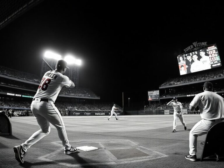 A split-image visual: the left side shows Mike Trout of the Angels mid-swing at Angel Stadium, while the right side shows Cla