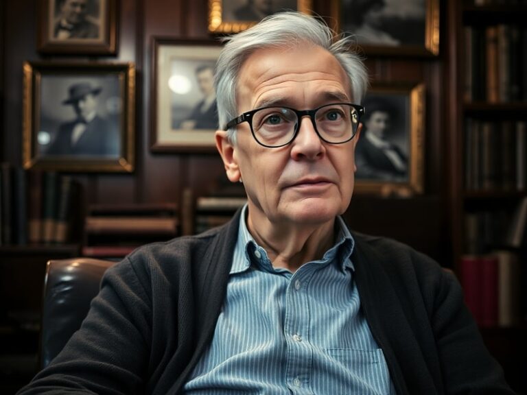 A mid-career portrait of Tom Nolan in a modern office with global cityscape visible through windows, wearing casual professio