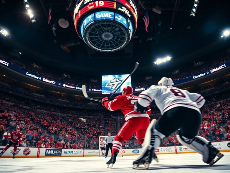 A dynamic shot of an NHL playoff game at night, featuring players in action, a packed arena with cheering fans, and the glow