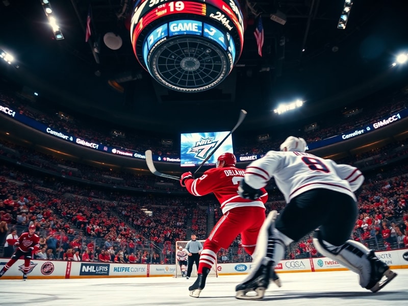 A dynamic shot of an NHL playoff game at night, featuring players in action, a packed arena with cheering fans, and the glow