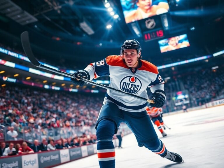 A dynamic action shot of Taylor Hall in a hockey uniform, mid-stride on the ice with a focused expression, wearing a team jer