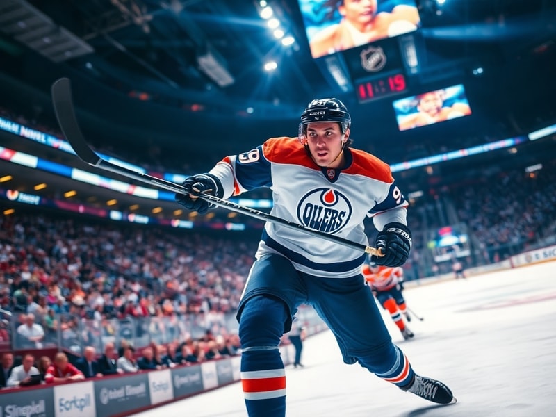 A dynamic action shot of Taylor Hall in a hockey uniform, mid-stride on the ice with a focused expression, wearing a team jer