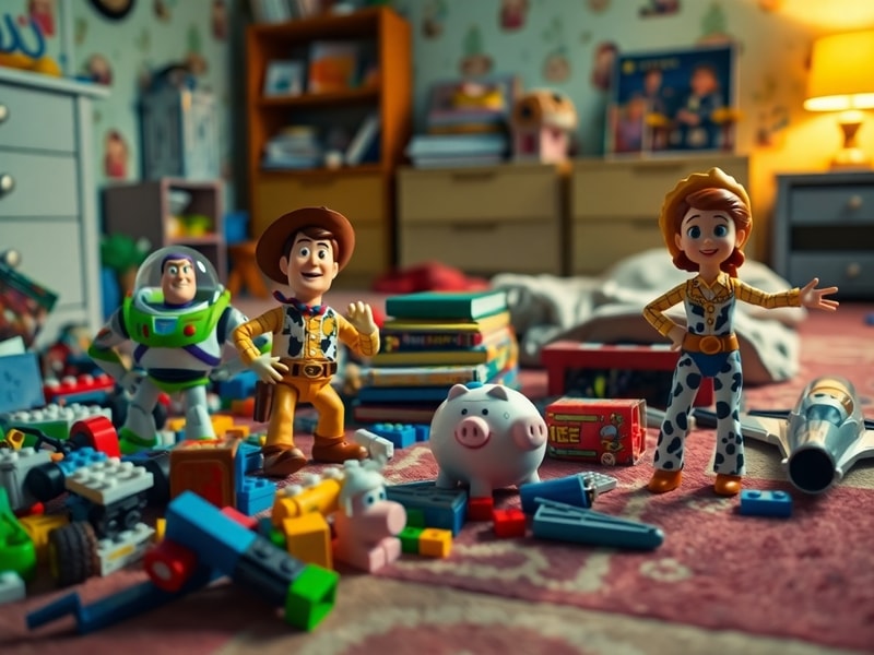 A vibrant scene from Toy Story featuring Woody, Buzz Lightyear, and other iconic toys in Andy's bedroom, rendered in classic