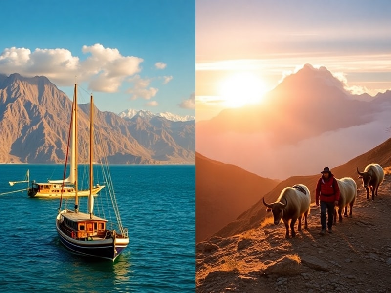 A split-image photograph: one side showing the golden dunes of Oman's Wahiba Sands with traditional Omani architecture in the