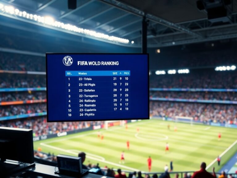 A vibrant soccer stadium filled with fans, featuring a large scoreboard displaying FIFA rankings. The scene includes national