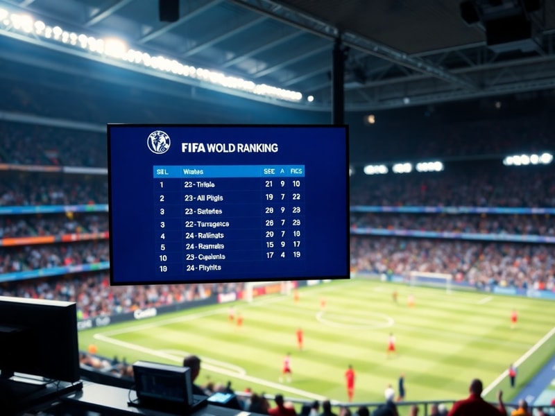 A vibrant soccer stadium filled with fans, featuring a large scoreboard displaying FIFA rankings. The scene includes national