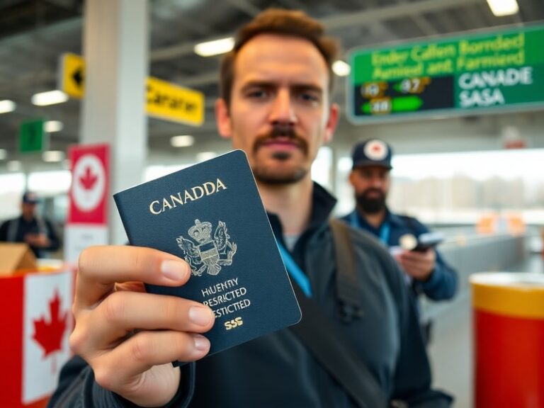 A traveler at a Canadian airport check-in counter, holding a passport and boarding pass. The scene shows modern airport archi