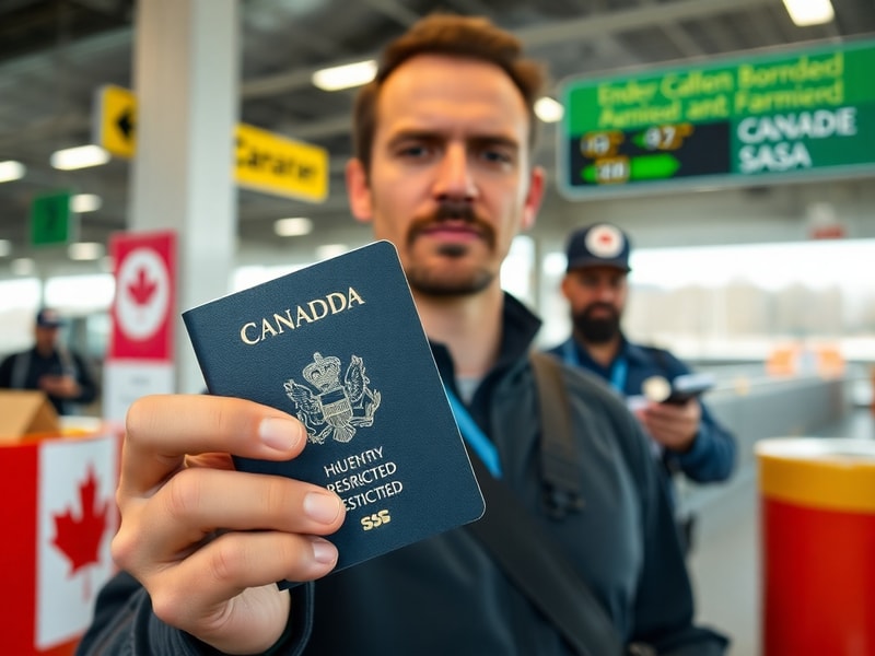 A traveler at a Canadian airport check-in counter, holding a passport and boarding pass. The scene shows modern airport archi