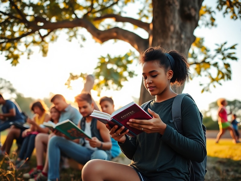A diverse group of people enjoying offline activities together: reading books in a park, playing board games, walking in natu