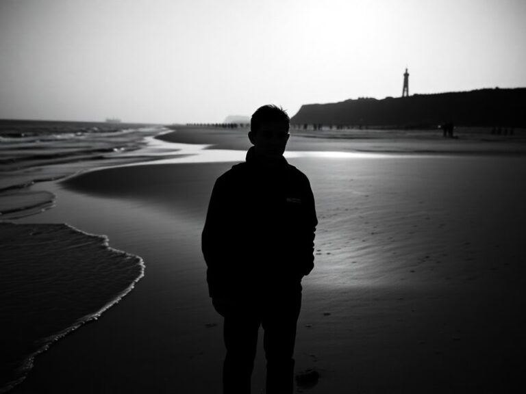 A veteran in military uniform standing solemnly at the American Cemetery in Normandy, overlooking the beaches, with a French