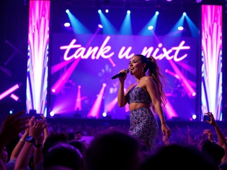 A vibrant concert stage with Ariana Grande mid-performance, surrounded by dancers and LED screens displaying colorful visuals
