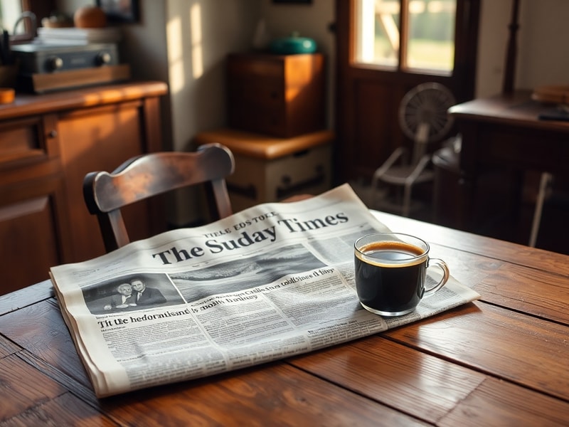 A vintage newspaper stand displaying The Sunday Times with a modern smartphone showing its digital edition, illustrating the