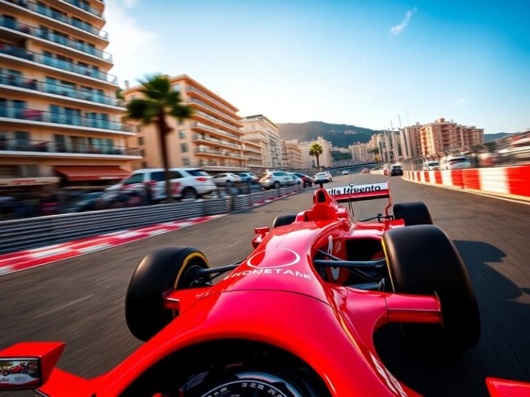 Aerial view of the Monaco Grand Prix circuit during the race, showing cars navigating the tight streets with the Mediterranea