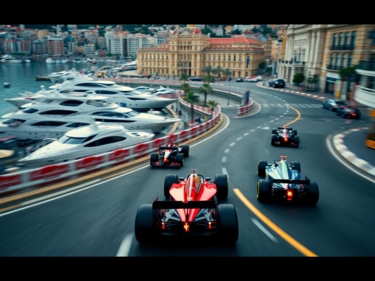 Aerial view of the Monaco Grand Prix under sunny skies, with F1 cars navigating the tight streets near the harbor and yachts