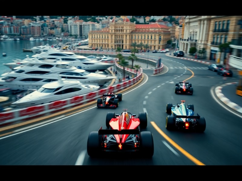 Aerial view of the Monaco Grand Prix under sunny skies, with F1 cars navigating the tight streets near the harbor and yachts