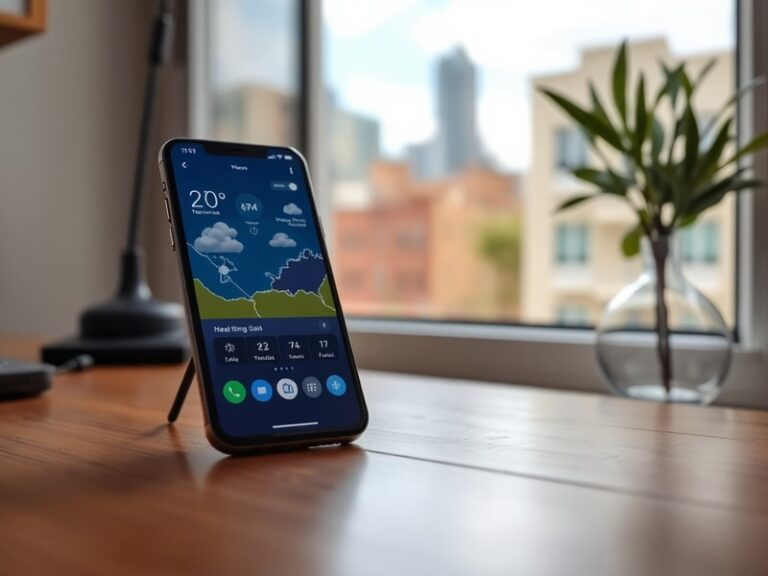 A smartphone displaying a weather app with a radar map, set against a window showing real-time outdoor conditions. The scene