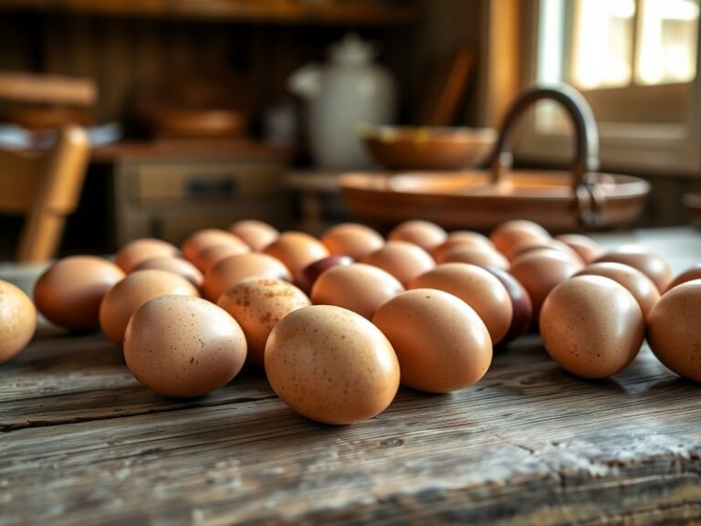 A rustic wooden table displaying a basket of brown eggs next to a bowl of fresh herbs, with sunlight streaming through a wind
