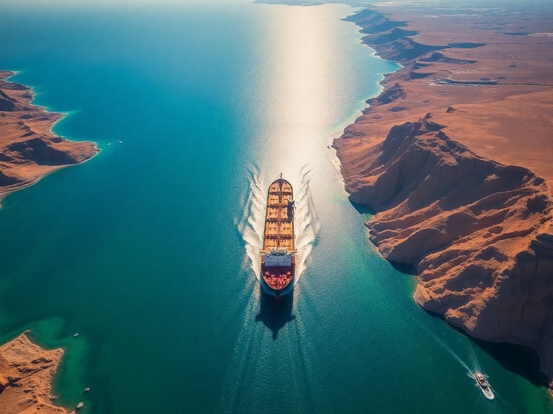 An aerial view of the Strait of Hormuz showing tankers navigating the narrow shipping channel, with the arid coastline of Ira