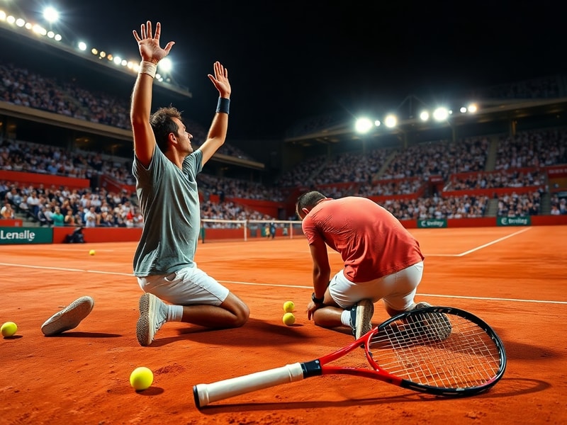 A dynamic action shot of Carlos Alcaraz mid-swing on clay at the French Open final, with Alexander Zverev in the background p