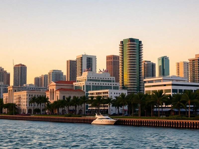 A panoramic view of Miami’s skyline at sunset, featuring skyscrapers, palm trees, and the calm waters of Biscayne Bay. The im
